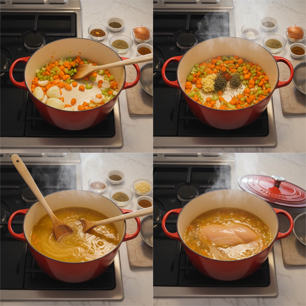 Simmering pot of gut healing bone broth soup on the stove.