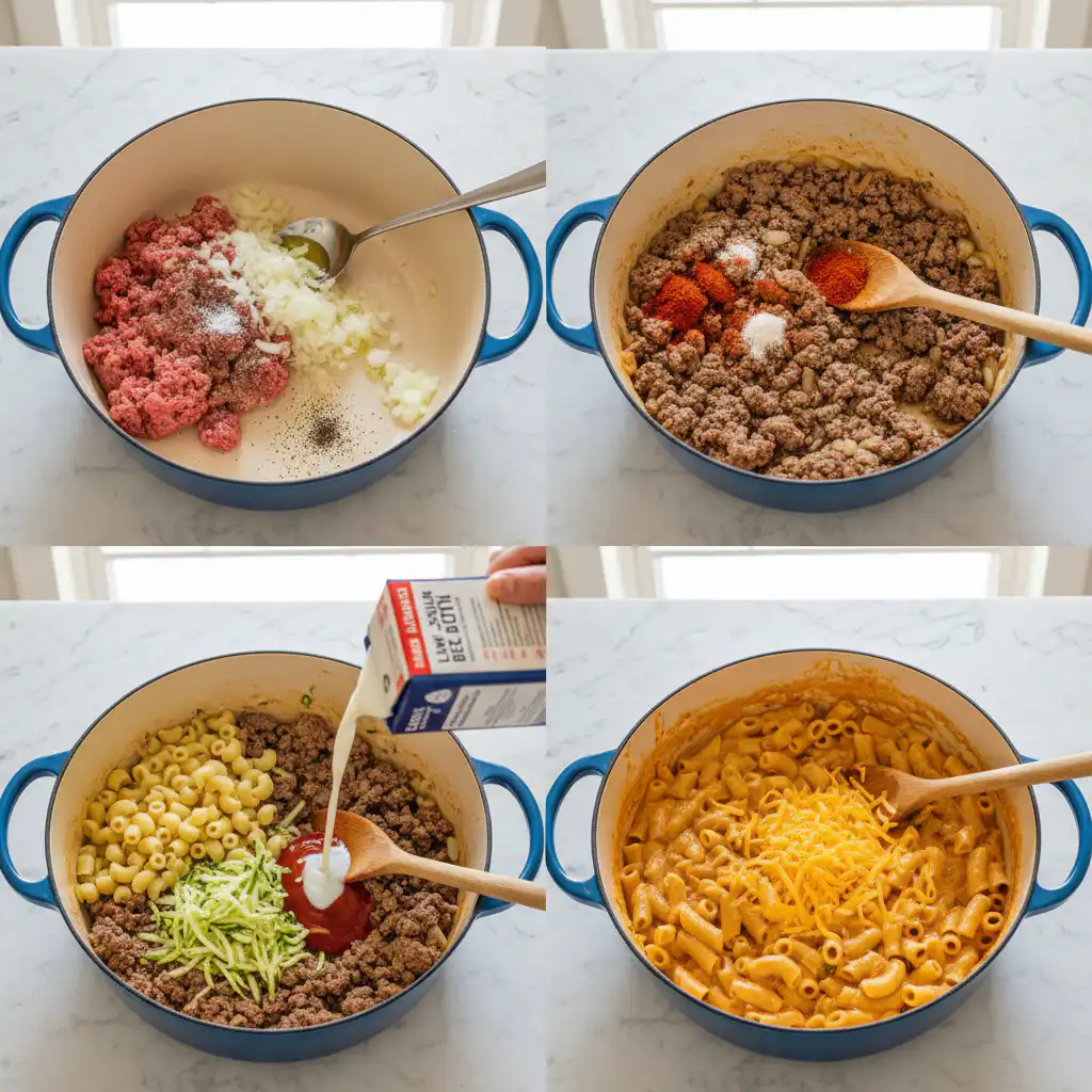A person preparing healthy homemade hamburger helper by browning ground beef and adding vegetables.