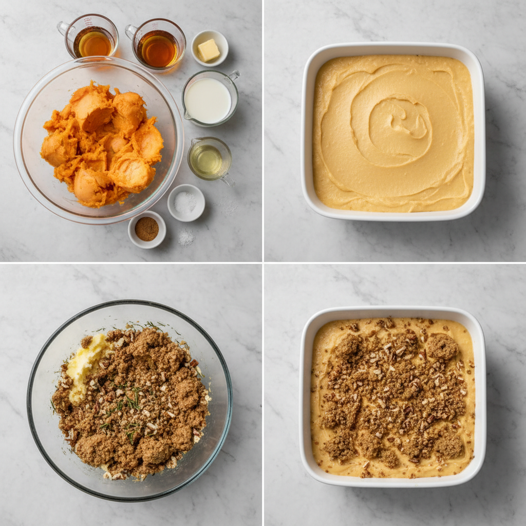 Mashing sweet potatoes and mixing in pecans for a healthy sweet potato casserole with maple pecans.