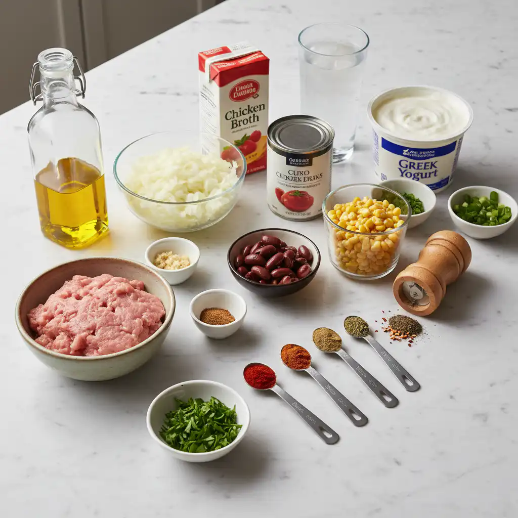 healthy-turkey-chili-mediterranean-style-ingredients A colorful assortment of fresh ingredients for healthy turkey chili mediterranean style, including tomatoes, bell peppers, and herbs.