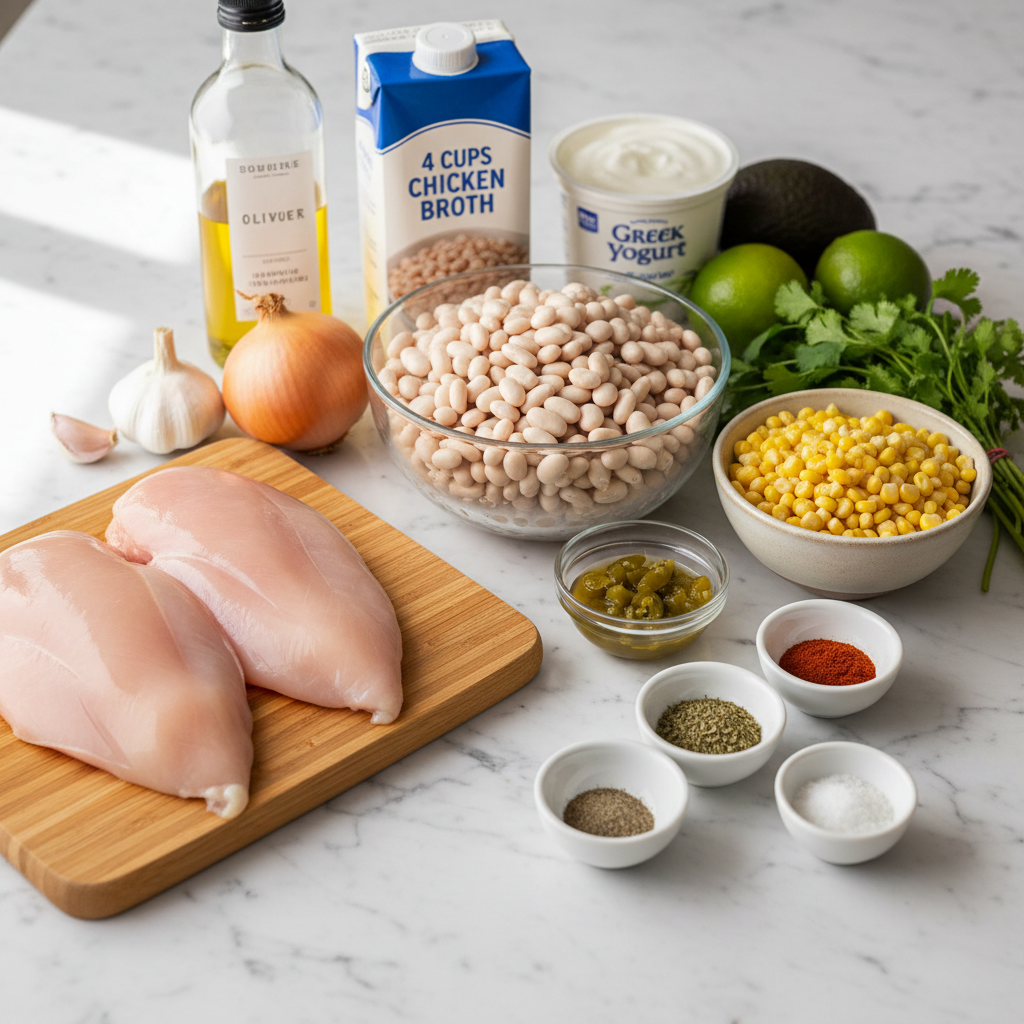 healthy-white-bean-chicken-chili-ingredients Fresh ingredients for healthy white bean chicken chili, including chicken, beans, spices, and vegetables.