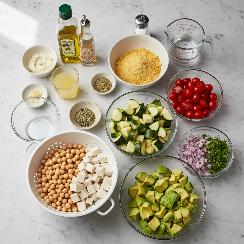 high-fiber-chickpea-and-avocado-salad-ingredients Fresh ingredients for high fiber chickpea and avocado salad including chickpeas, avocado, red onion, cilantro, and lime.
