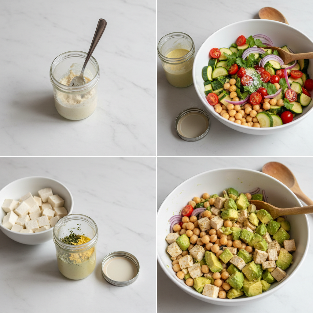 high-fiber-chickpea-and-avocado-salad-prep Chopped ingredients for high fiber chickpea and avocado salad being mixed together in a bowl.