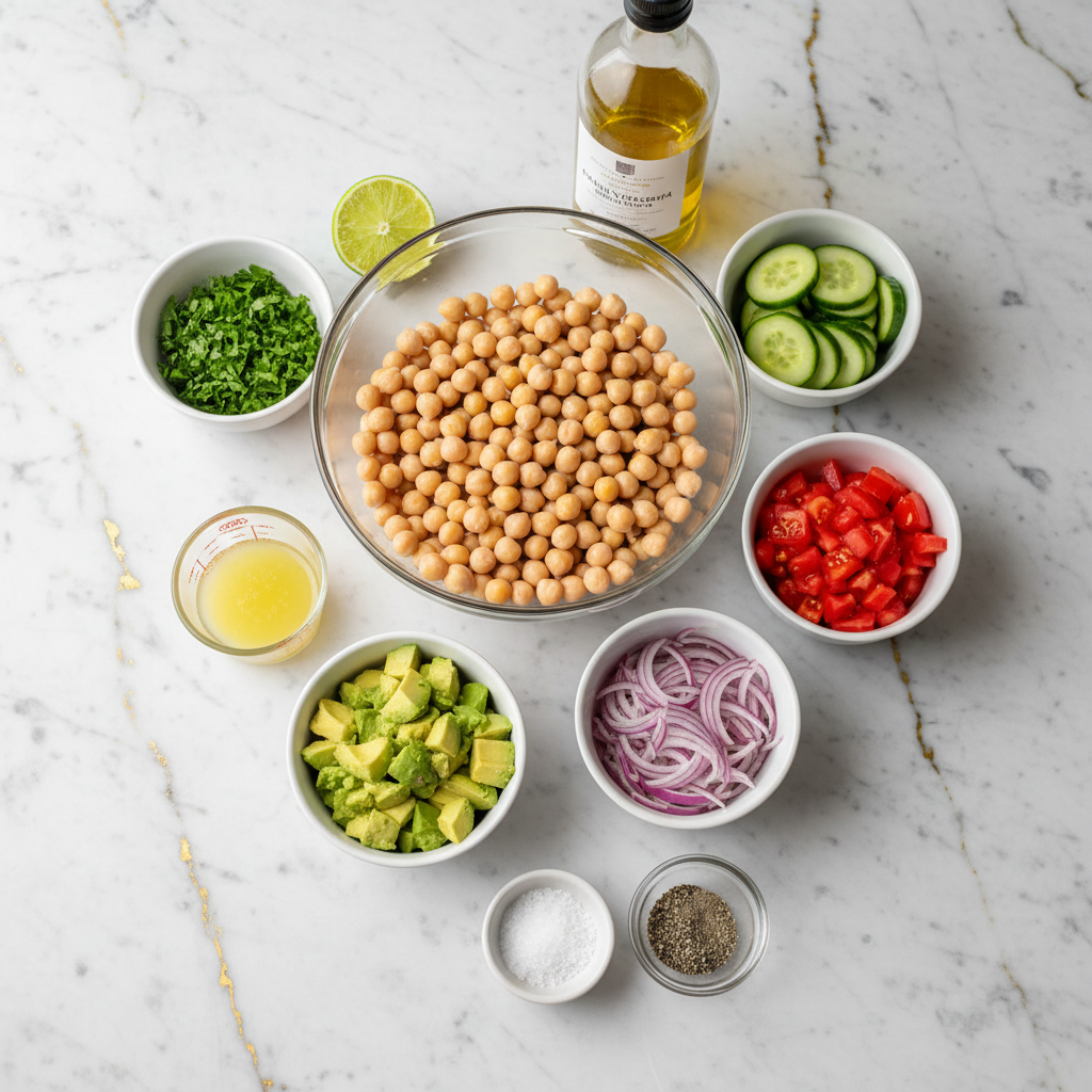 high-fiber-chickpea-avocado-salad-ingredients A vibrant assortment of fresh ingredients for a high fiber chickpea and avocado salad, including chickpeas, diced avocado, red onion, and cilantro.