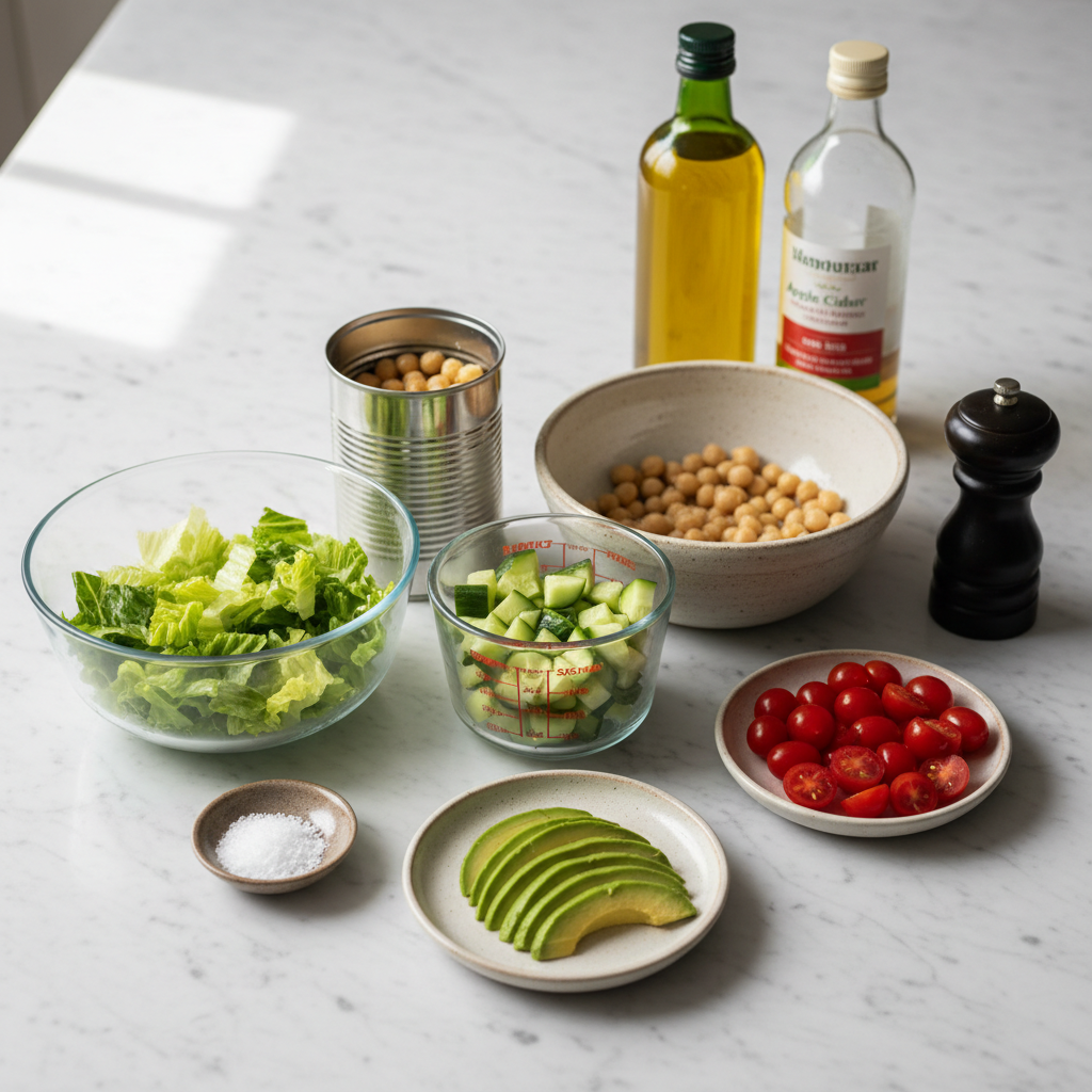 Gathered ingredients for a high fiber chickpea and avocado salad, including chickpeas, ripe avocados, red onion, and fresh cilantro.
