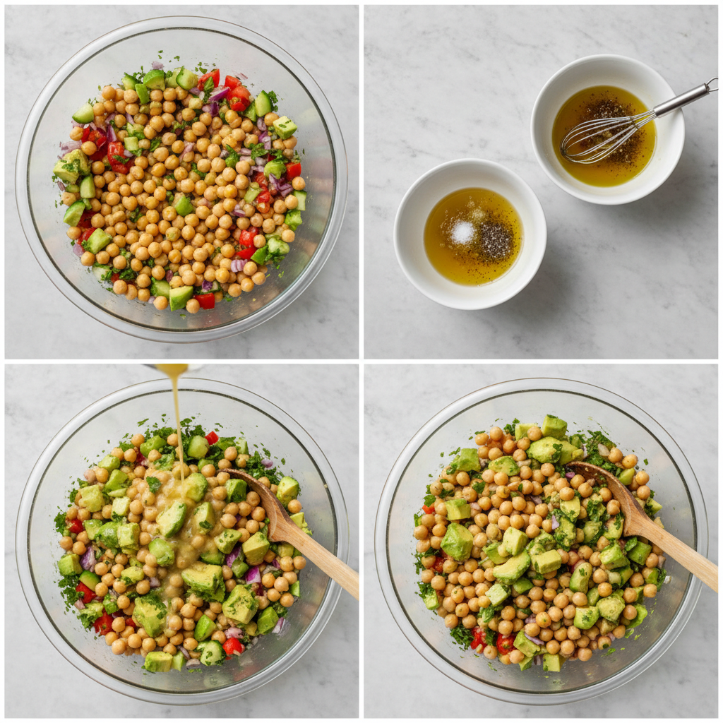 high-fiber-chickpea-avocado-salad-prep Hands mixing a fresh high fiber chickpea and avocado salad in a large bowl, showing the creamy avocado and plump chickpeas.