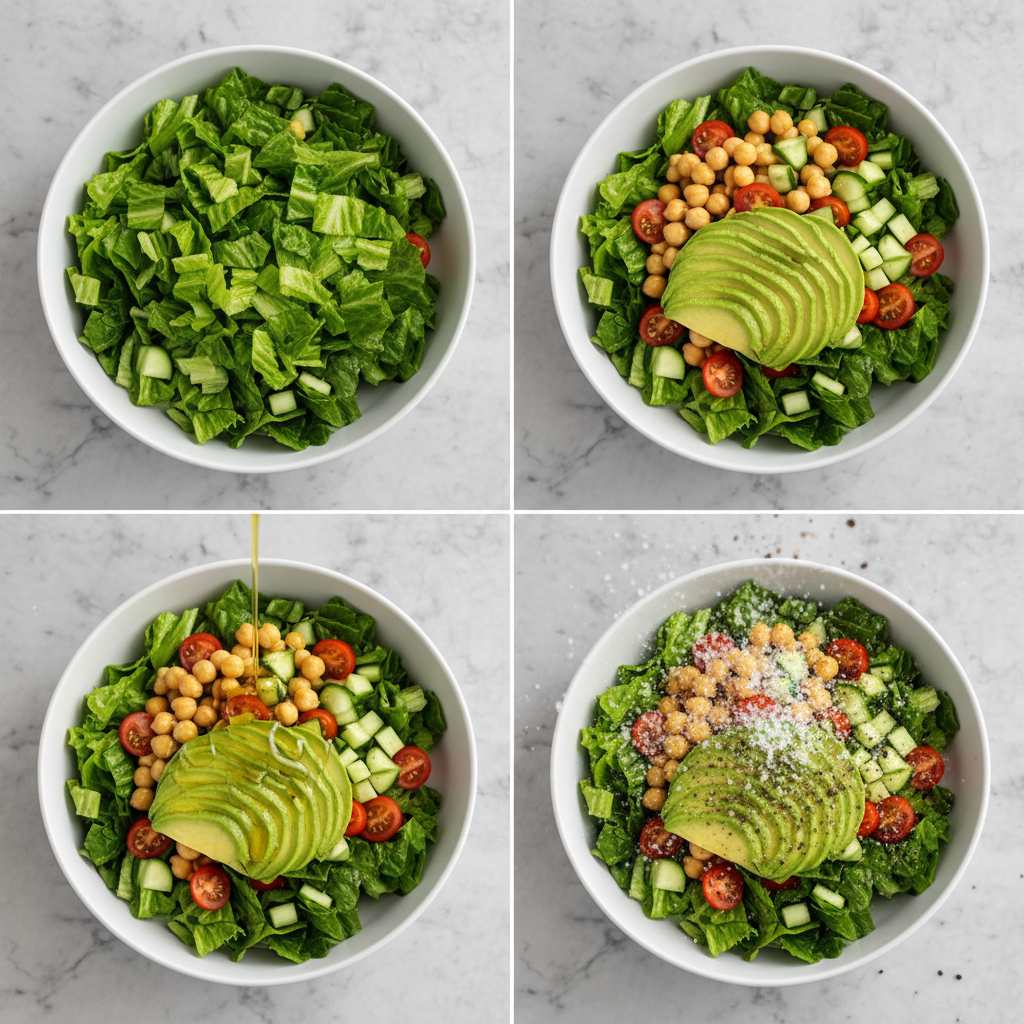 Chopped ingredients for a high fiber chickpea and avocado salad being mixed in a bowl.