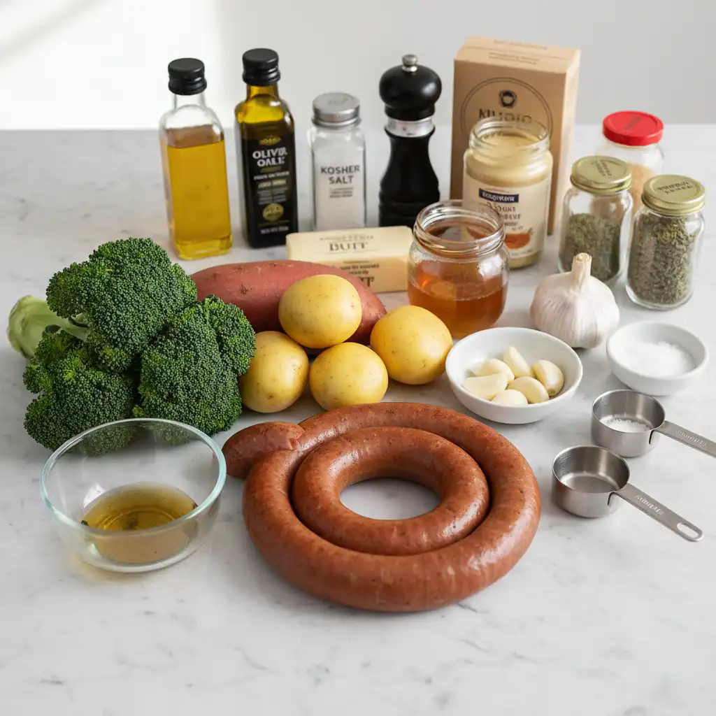 Fresh ingredients for honey garlic kielbasa and veggies, including colorful bell peppers and onions.