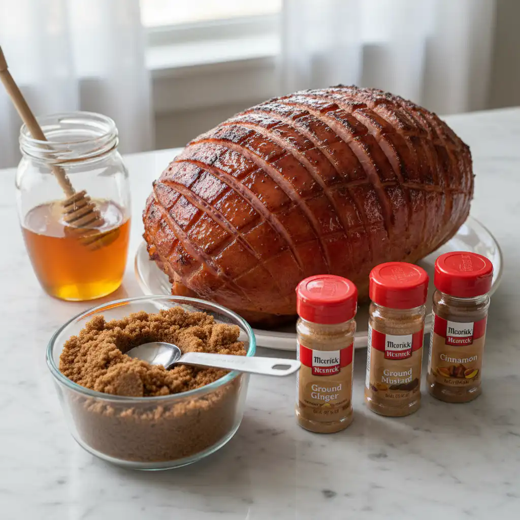 Ingredients for honey glazed ham thanksgiving, including a ham, brown sugar, honey, and spices.