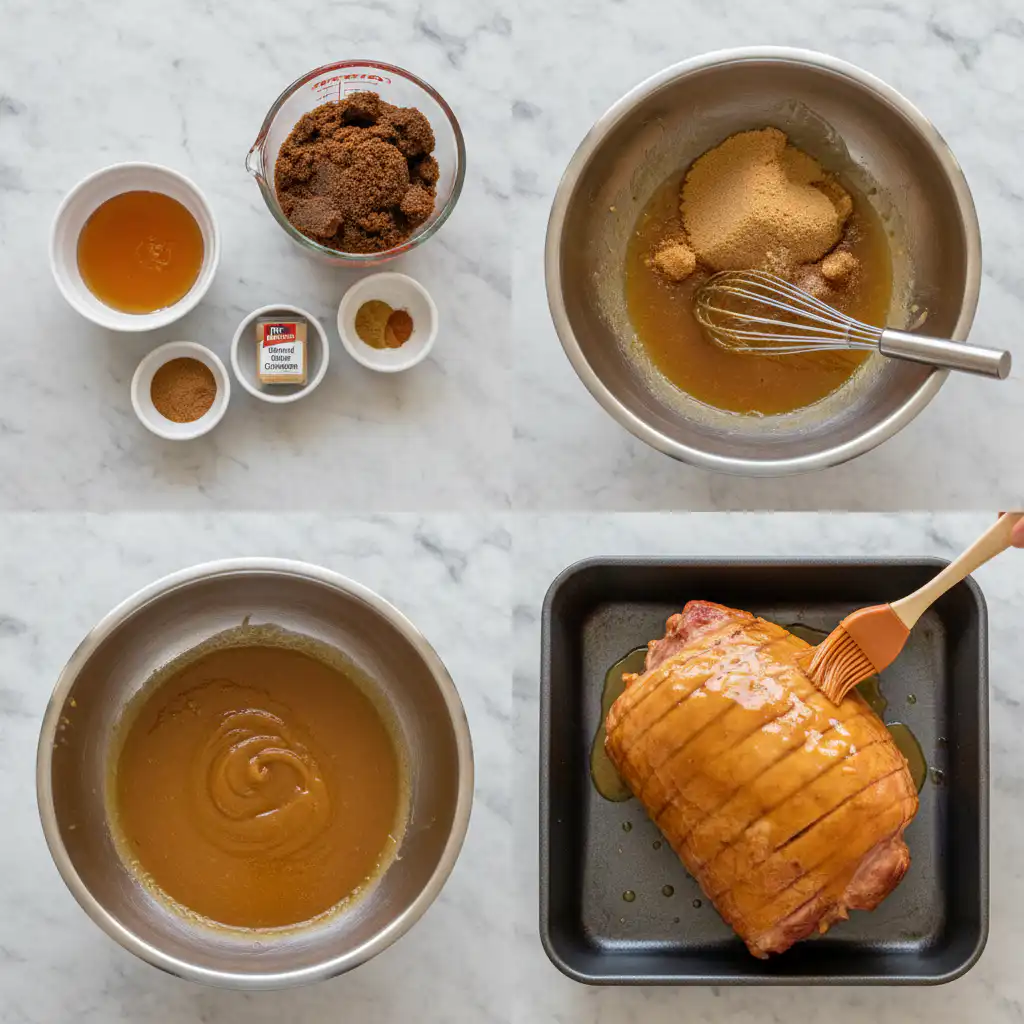 Preparing honey glazed ham thanksgiving by basting with glaze.