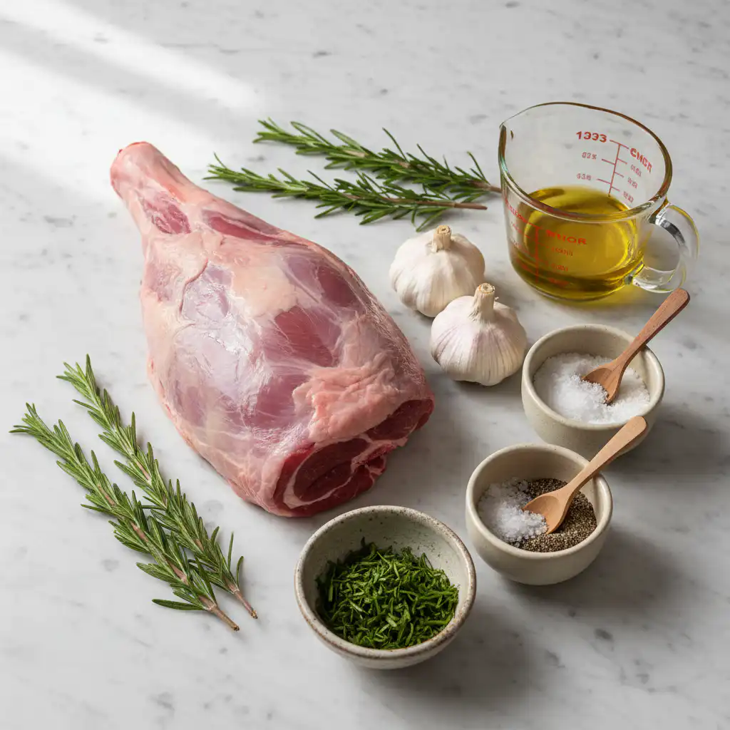 leg-of-lamb-thanksgiving-rosemary-garlic-ingredients Fresh rosemary sprigs and garlic cloves arranged around raw leg of lamb for Thanksgiving.