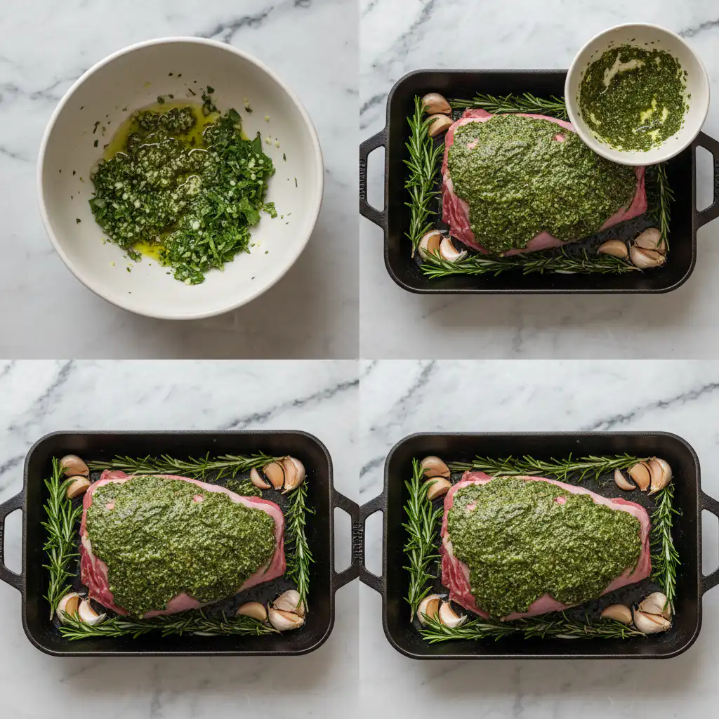 leg-of-lamb-thanksgiving-rosemary-garlic-prep Hand rubbing rosemary and garlic onto a boneless leg of lamb for Thanksgiving.