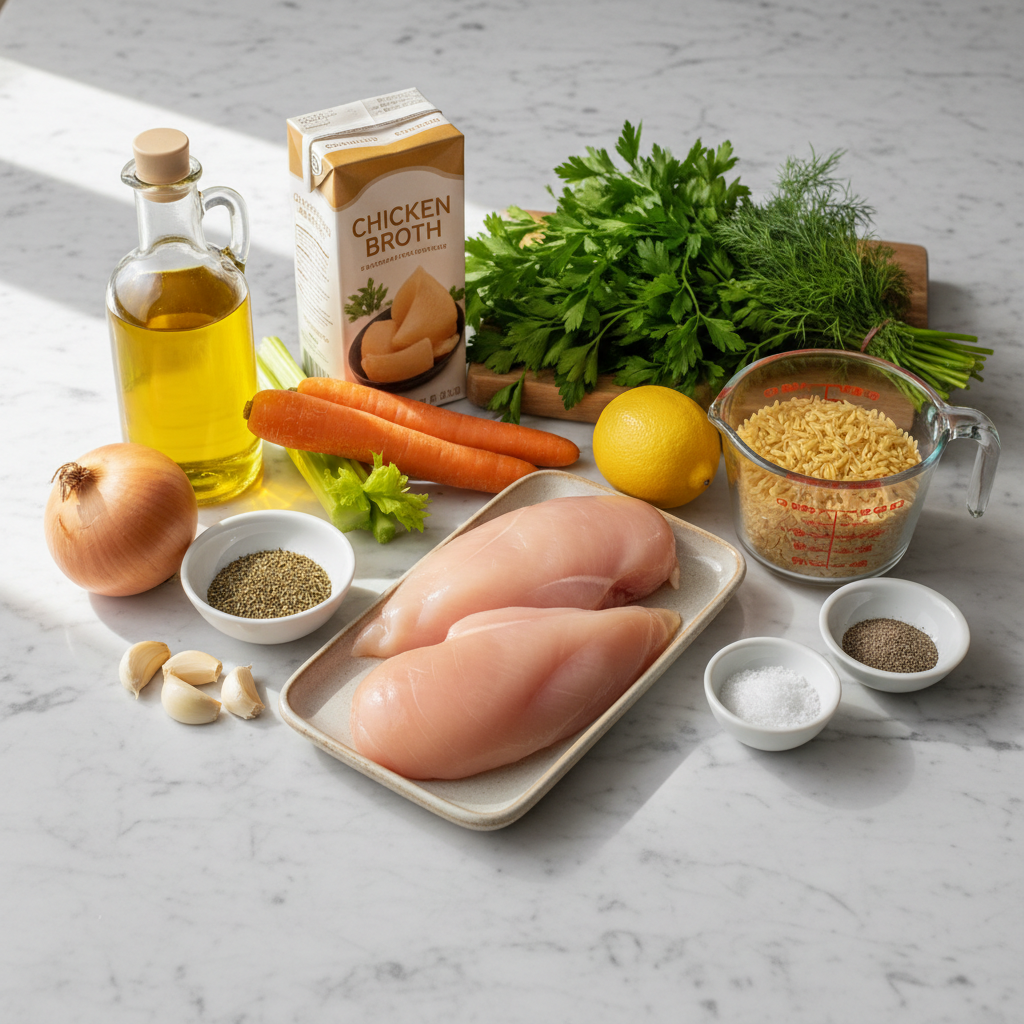 A vibrant mix of fresh ingredients for lemon chicken orzo soup with dill, including chicken, orzo, lemon, and dill.