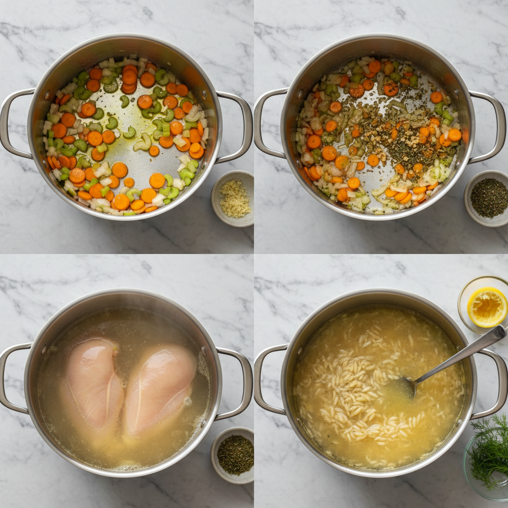 Close-up of hands preparing lemon chicken orzo soup with dill, chopping fresh dill.