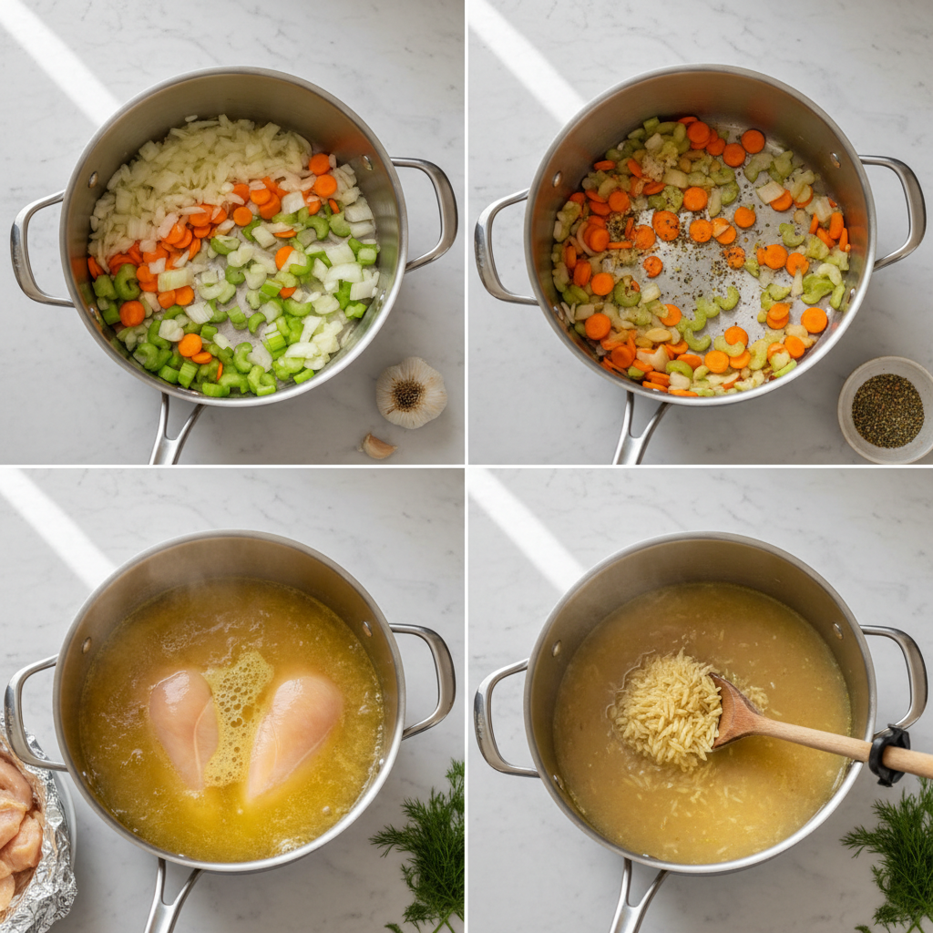 Preparation of lemon chicken orzo soup with dill, showing chicken being shredded and herbs chopped.