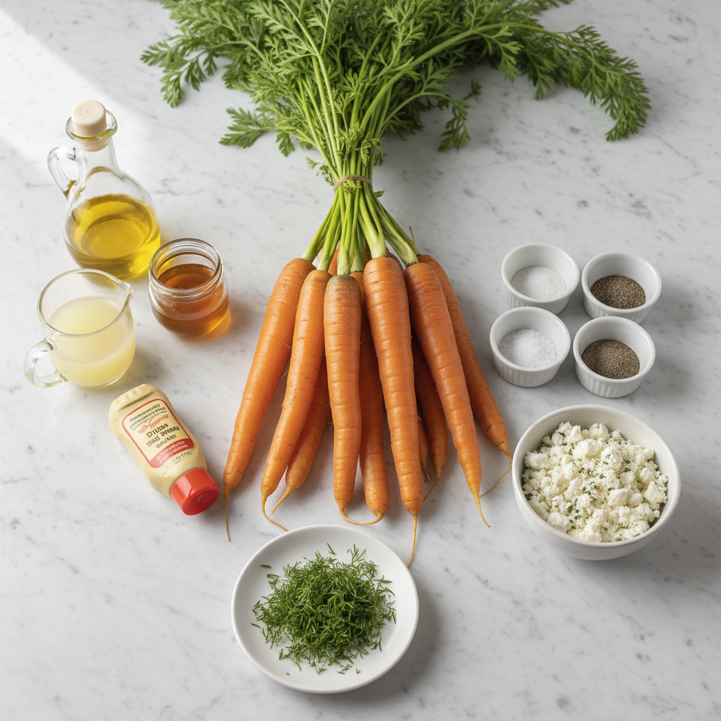 Fresh carrots, lemon, and herbs arranged for roasting, featuring dill for the lemon herb roasted carrots recipe.