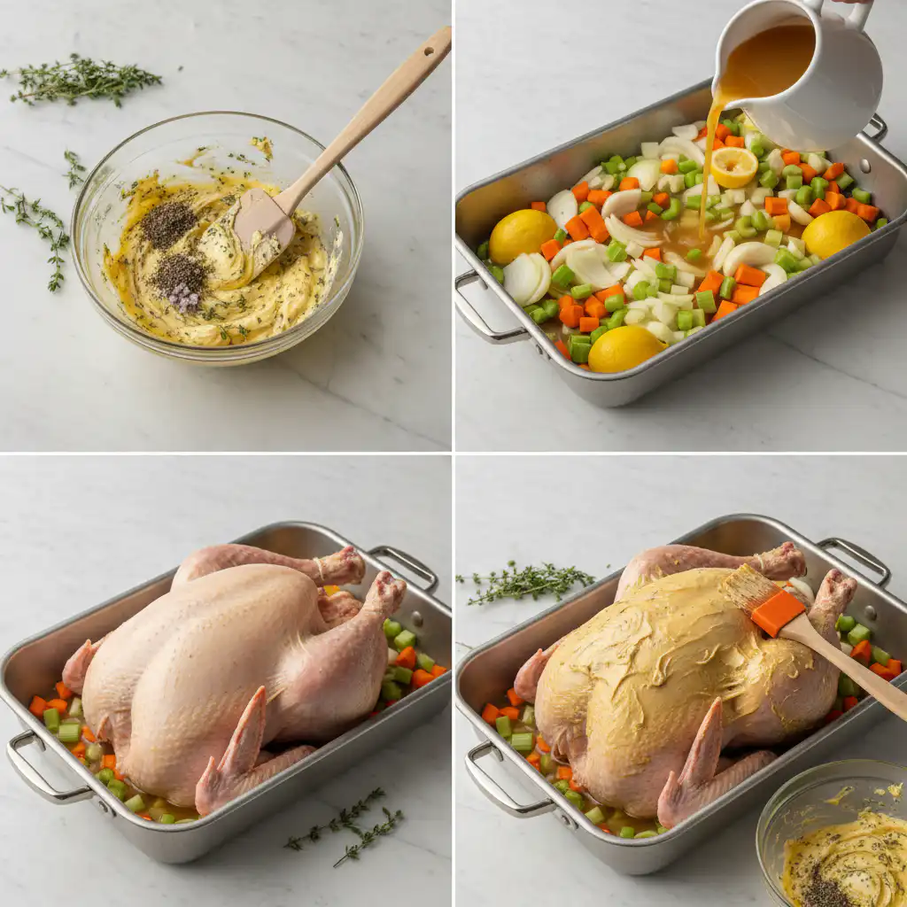 lemon-herb-roasted-turkey-easy-prep Hands preparing an easy lemon herb roasted turkey, rubbing herbs and lemon slices onto the bird.