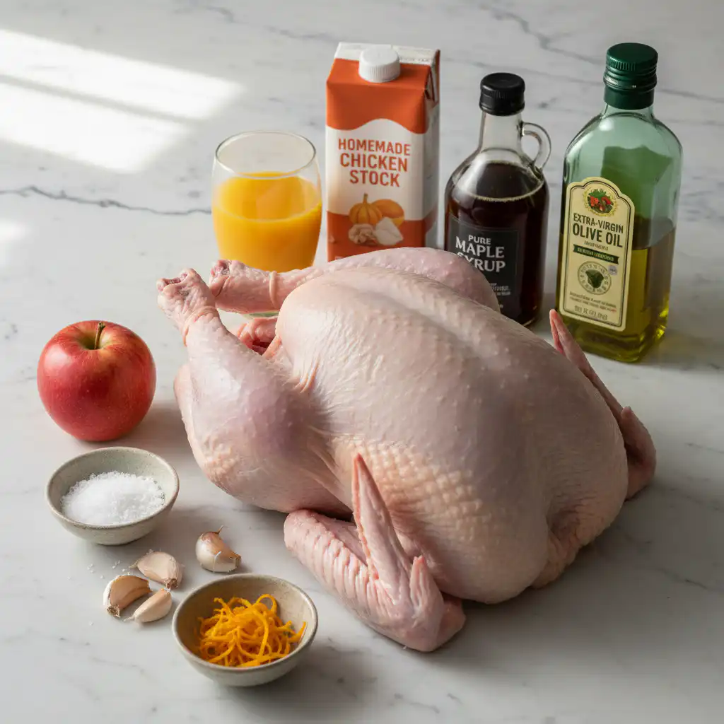 Fresh ingredients for easy maple glazed turkey thanksgiving, including a whole turkey, maple syrup, herbs, and spices.
