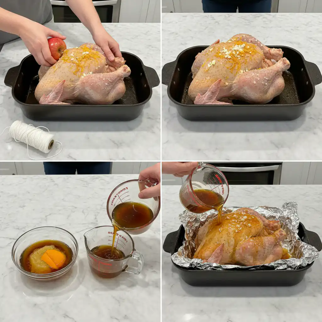 Close-up of hands basting an easy maple glazed turkey thanksgiving with rich maple syrup.