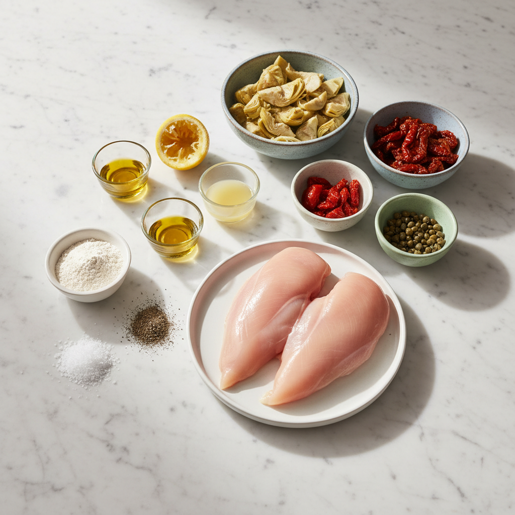 Fresh ingredients for mediterranean baked chicken with artichokes including chicken, artichoke hearts, lemon, and herbs.