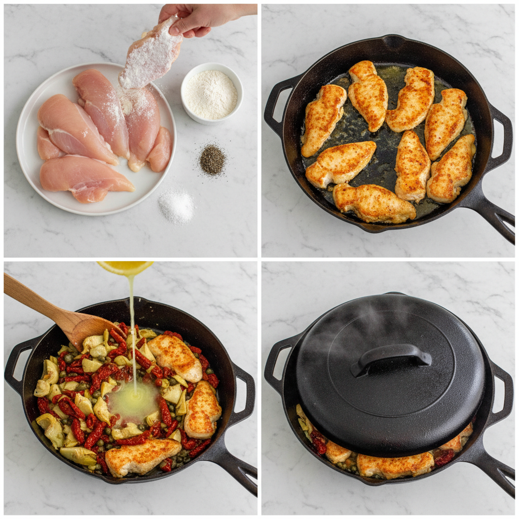 Preparing mediterranean baked chicken with artichokes in a baking dish with lemon and herbs.