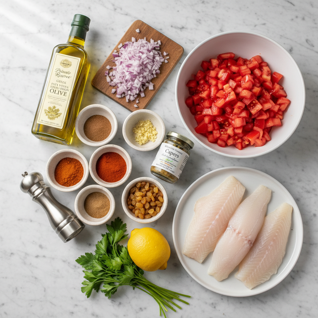 mediterranean-baked-cod-ingredients Fresh ingredients for mediterranean baked cod with tomatoes and capers, including cod fillets, cherry tomatoes, capers, olives, and herbs.