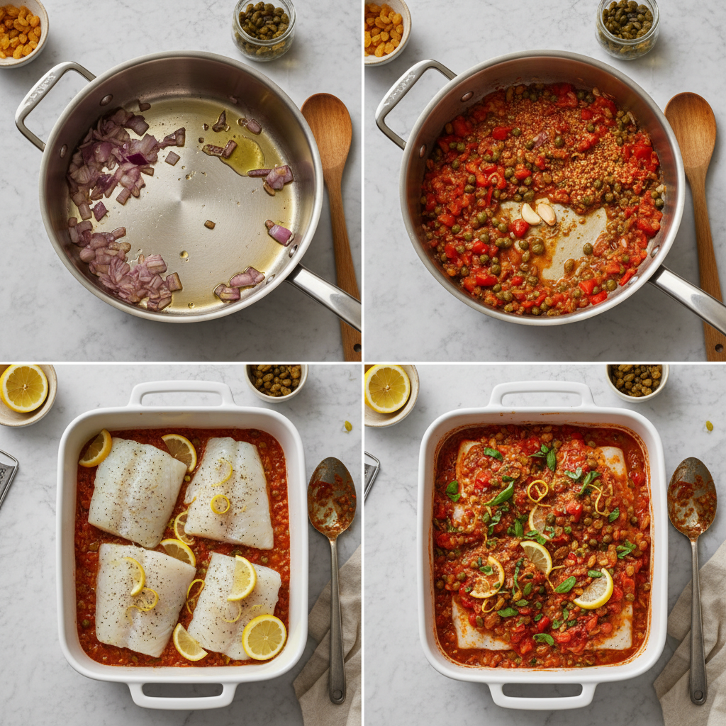 mediterranean-baked-cod-prep Preparing mediterranean baked cod by arranging cod fillets with tomatoes, olives, and capers in a baking dish.