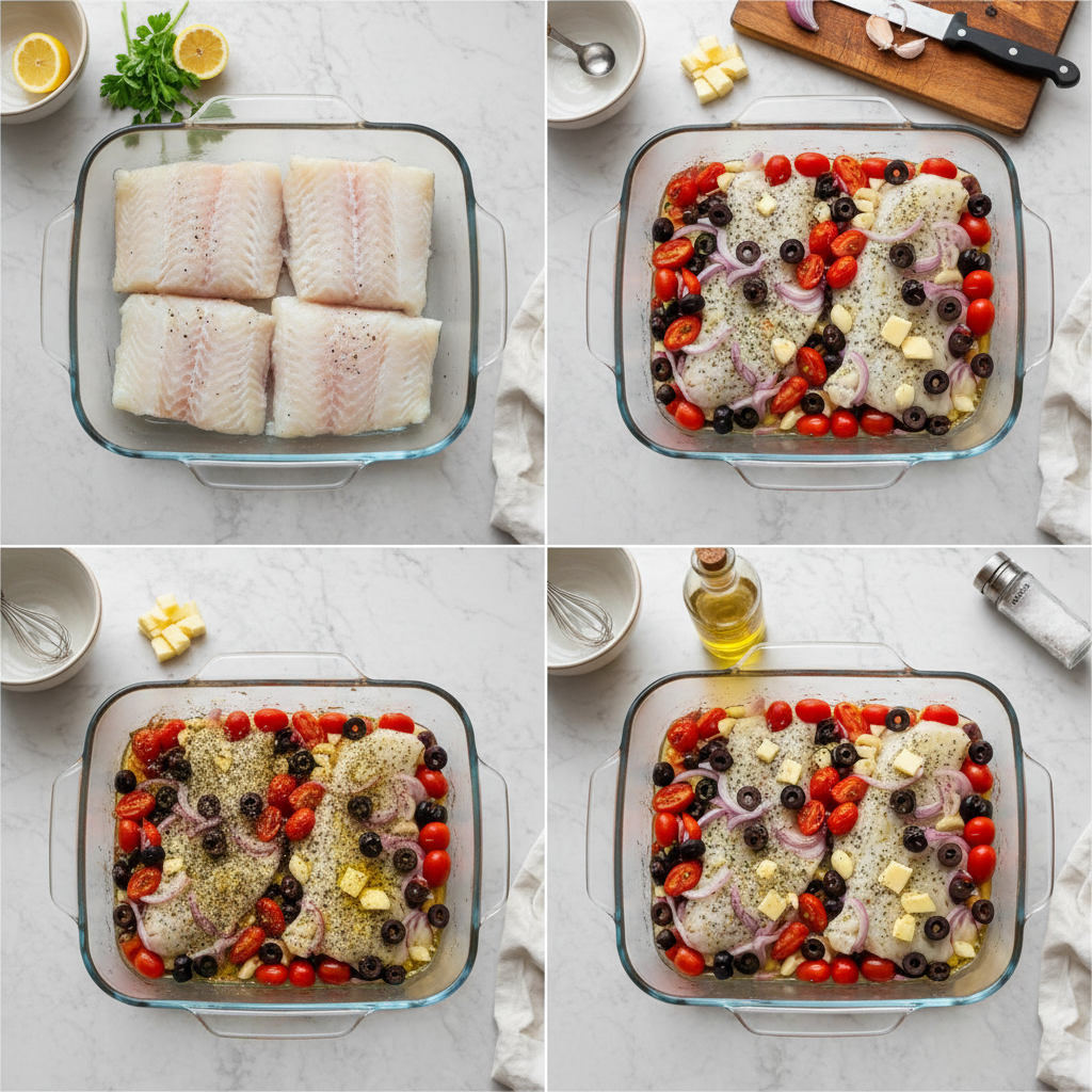 Preparing mediterranean baked cod with tomatoes and olives, arranging fish and vegetables in a baking dish.