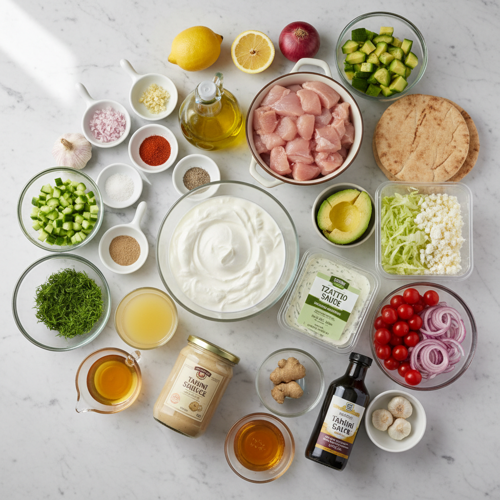 mediterranean-chicken-bowls-tzatziki-hummus-ingredients Fresh ingredients for mediterranean chicken bowls with tzatziki and hummus.