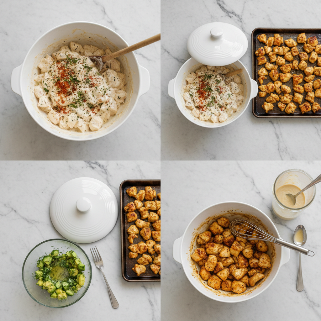 mediterranean-chicken-bowls-tzatziki-hummus-prep Preparing mediterranean chicken bowls with tzatziki and hummus.