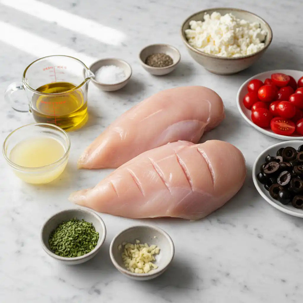 mediterranean-chicken-with-olives-and-feta-ingredients Fresh ingredients for mediterranean chicken with olives and feta, including chicken breast, Kalamata olives, feta cheese, lemon, and herbs.