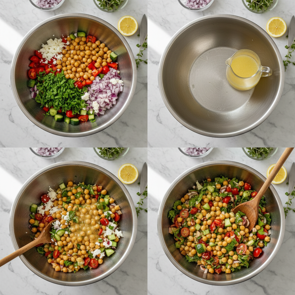 Chopped fresh vegetables and chickpeas being mixed for mediterranean chopped chickpea salad.