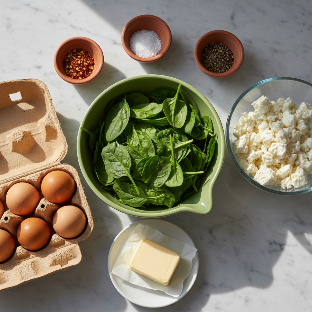 mediterranean-egg-scramble-ingredients A vibrant collection of fresh ingredients for a mediterranean egg scramble with spinach and feta, including eggs, spinach, feta cheese, tomatoes, and herbs.