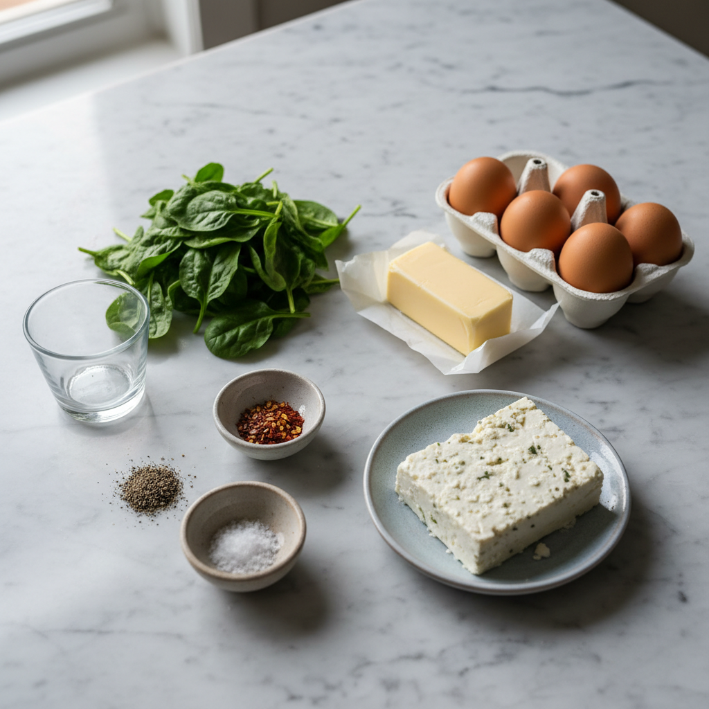 Vibrant ingredients for mediterranean egg scramble with spinach and feta, including fresh spinach, crumbled feta, and eggs.