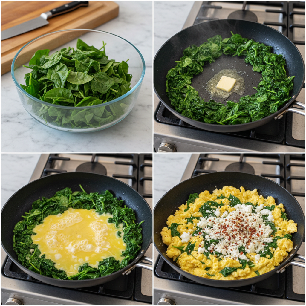 mediterranean-egg-scramble-prep Close-up of a chef preparing a mediterranean egg scramble with spinach and feta, showing fluffy eggs being stirred with vibrant green spinach.