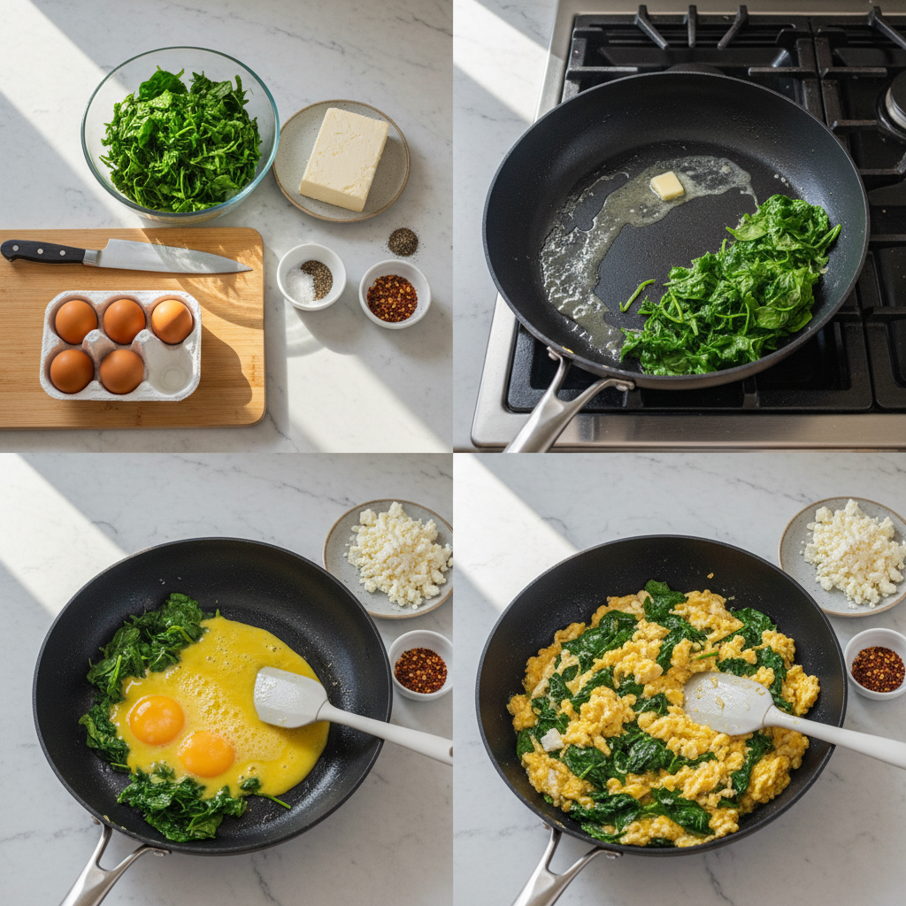Close-up of a pan with a mediterranean egg scramble with spinach and feta cooking, showing fluffy eggs and melted feta.