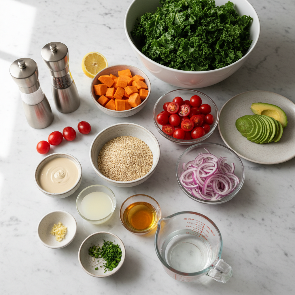 Fresh ingredients for a mediterranean grain bowl with tahini dressing, including quinoa, chickpeas, and chopped vegetables.