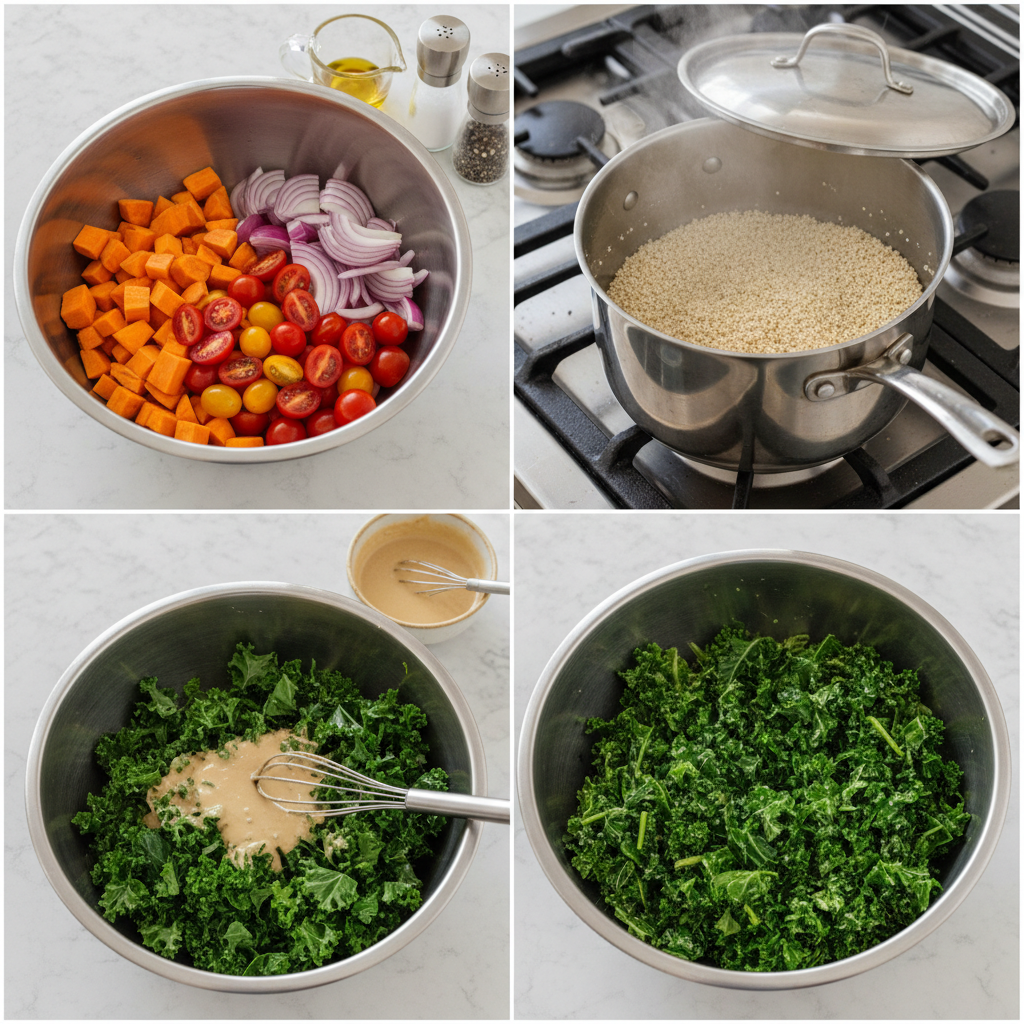Preparing a healthy mediterranean grain bowl with tahini dressing, assembling colorful components.