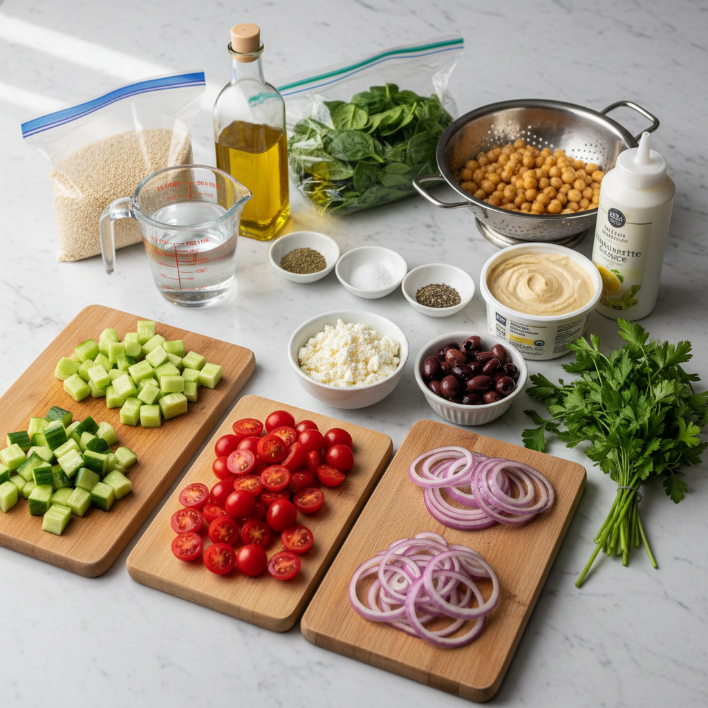 mediterranean-grain-bowl-quinoa-chickpeas-ingredients Fresh ingredients for a mediterranean grain bowl with quinoa and chickpeas, including vibrant vegetables and protein.