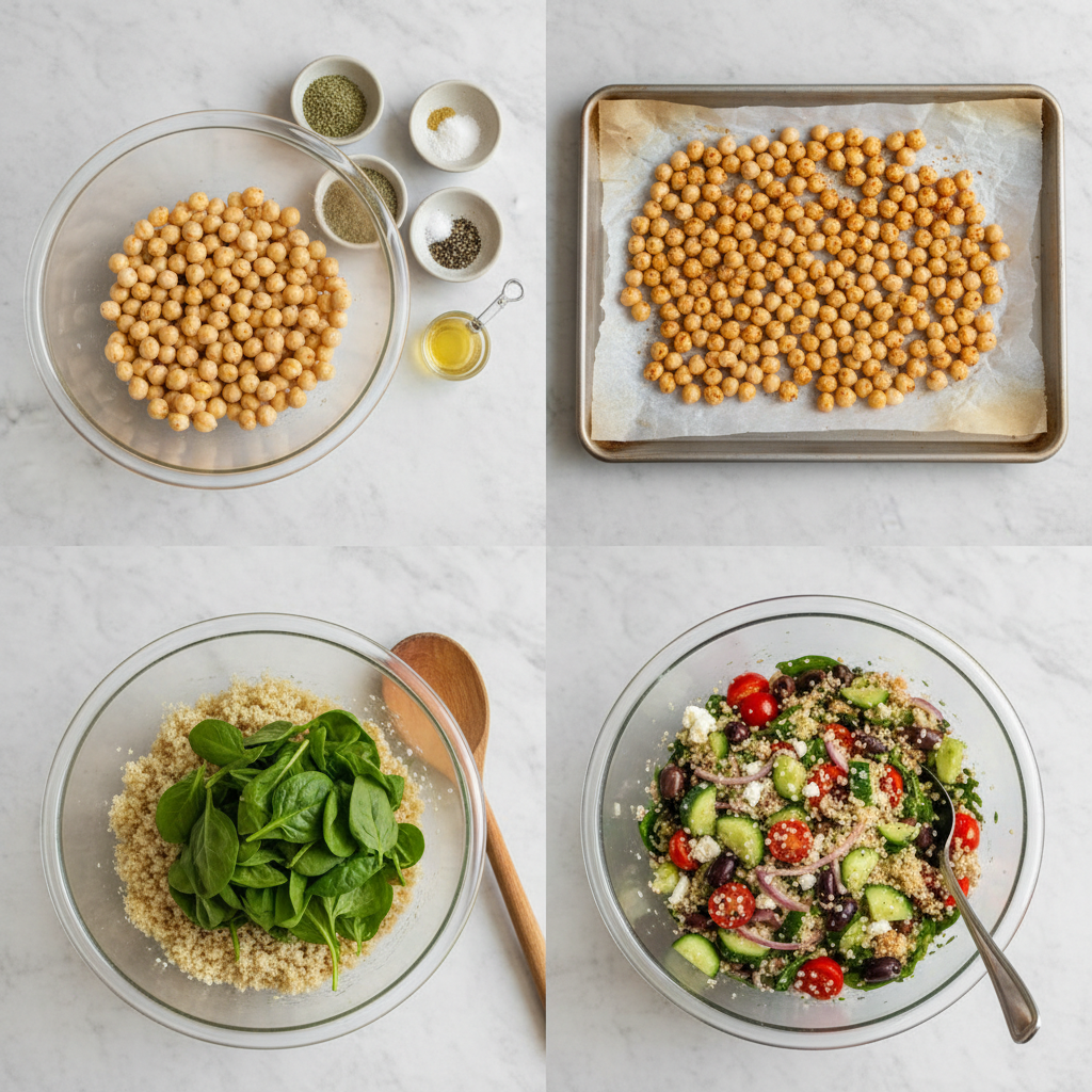 mediterranean-grain-bowl-quinoa-chickpeas-prep Preparing a healthy mediterranean grain bowl with quinoa and chickpeas, layering fresh ingredients.