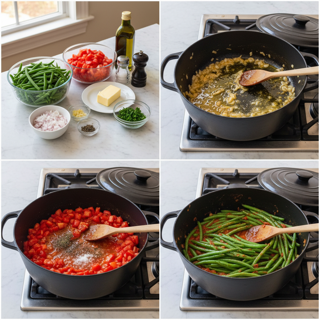 Hands chopping fresh green beans and garlic for mediterranean green beans with garlic and tomatoes.