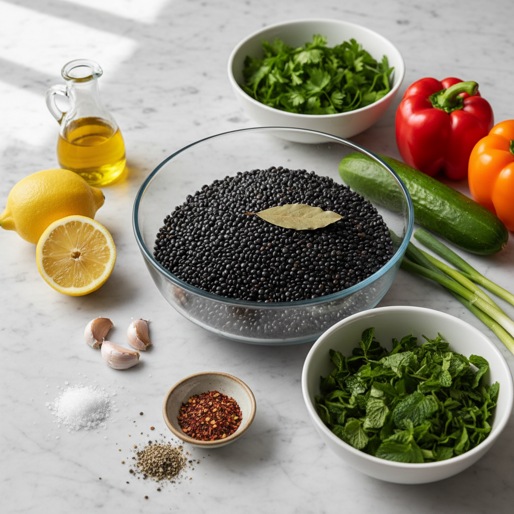 mediterranean-lentil-salad-with-herbs-ingredients Fresh ingredients for mediterranean lentil salad with herbs, including lentils, chopped tomatoes, cucumber, and parsley.