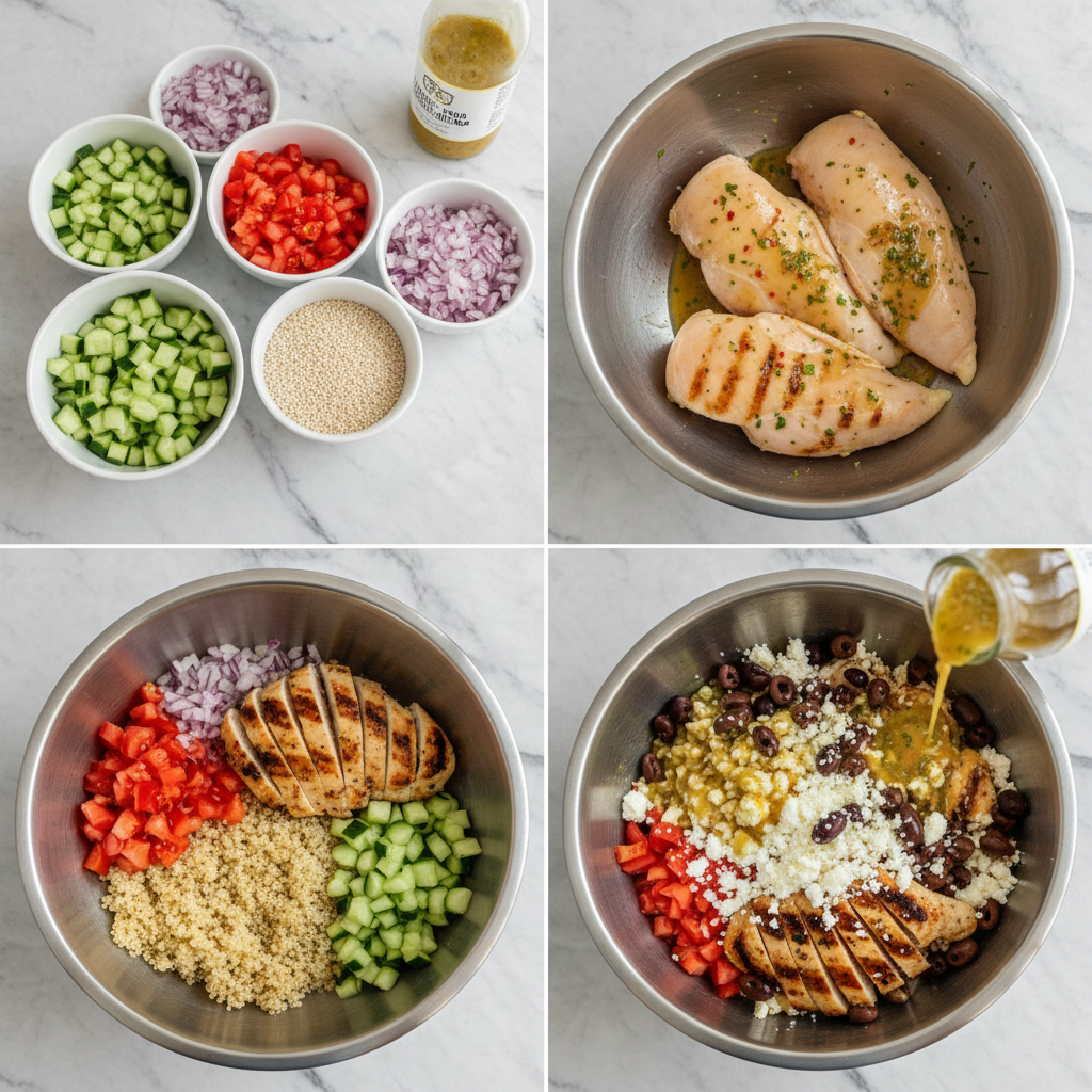 Assembling a healthy mediterranean meal prep bowl with seasoned chicken and fresh vegetables.