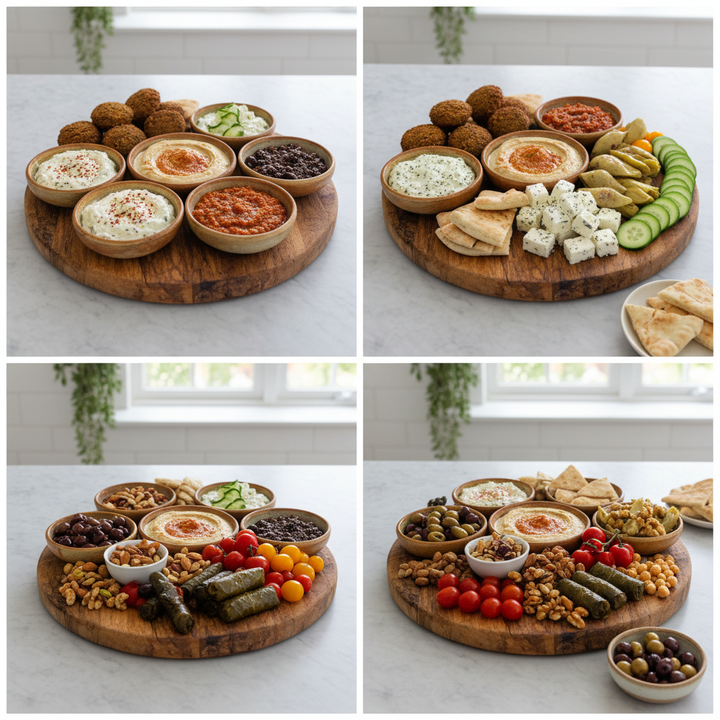 Assembling a delicious mediterranean mezze board with colorful vegetables.