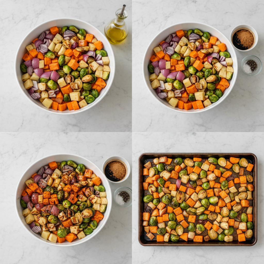 Chopped vegetables and feta cheese ready for roasting for mediterranean roasted vegetables with feta.