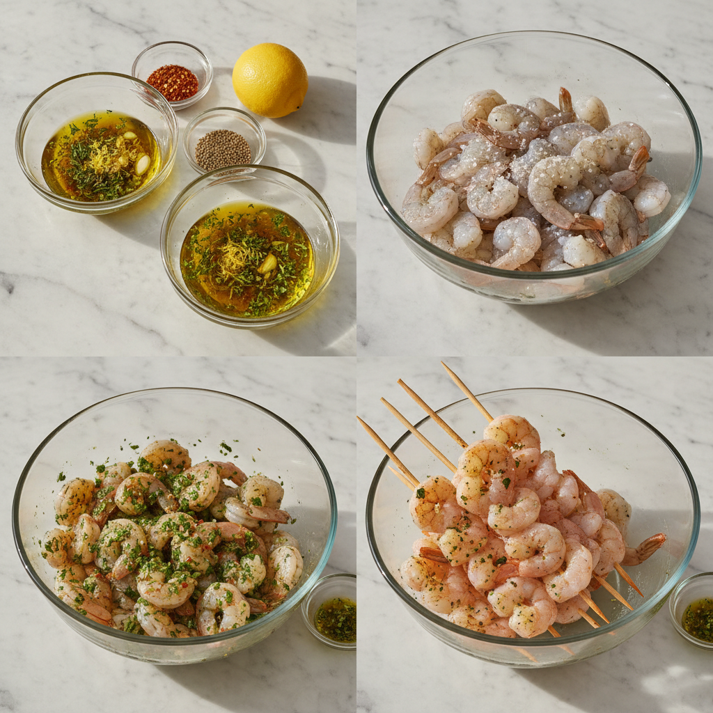 Preparing mediterranean shrimp skewers with herb dressing by threading shrimp onto skewers.