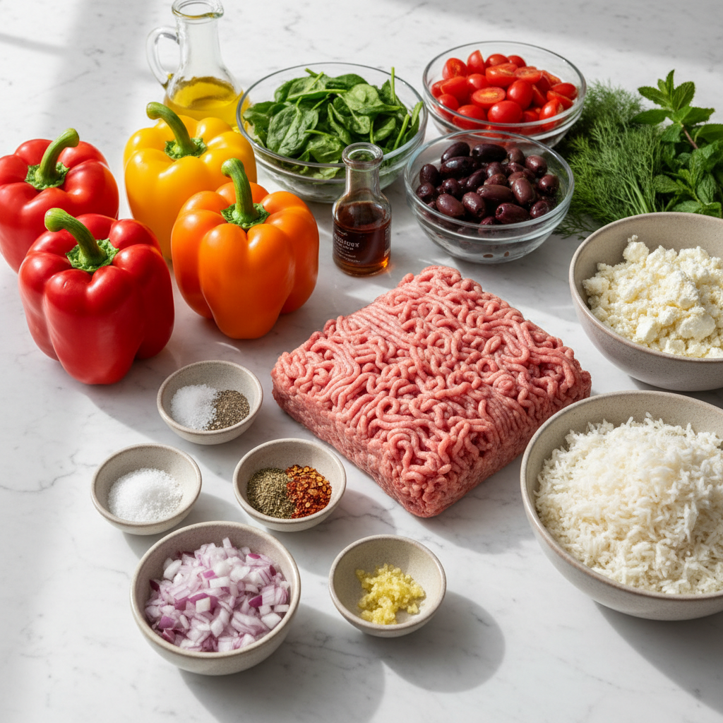 mediterranean-stuffed-bell-peppers-ingredients Vibrant ingredients for mediterranean stuffed bell peppers, including colorful bell peppers, quinoa, feta, and herbs.