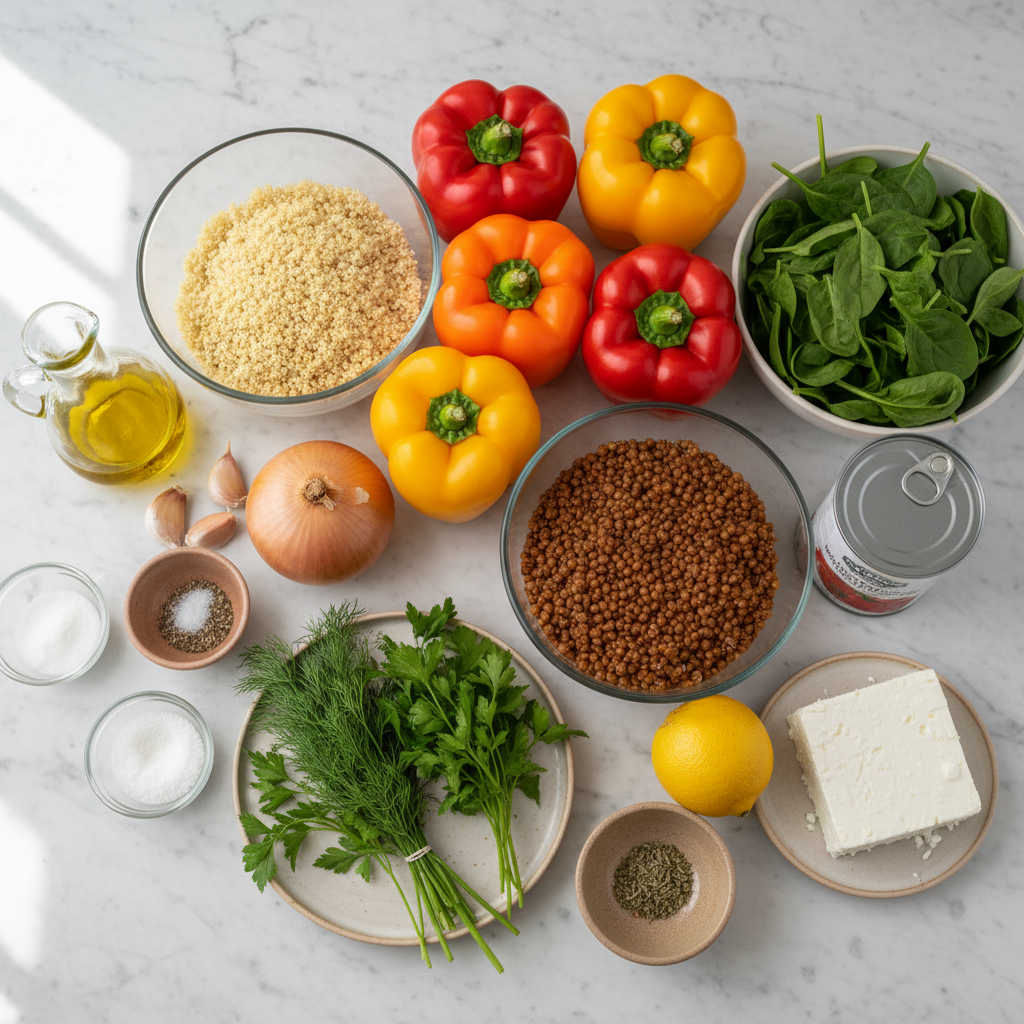 A bounty of fresh ingredients laid out for mediterranean stuffed bell peppers with quinoa, featuring bright bell peppers, fluffy quinoa, vibrant herbs, and salty feta cheese.