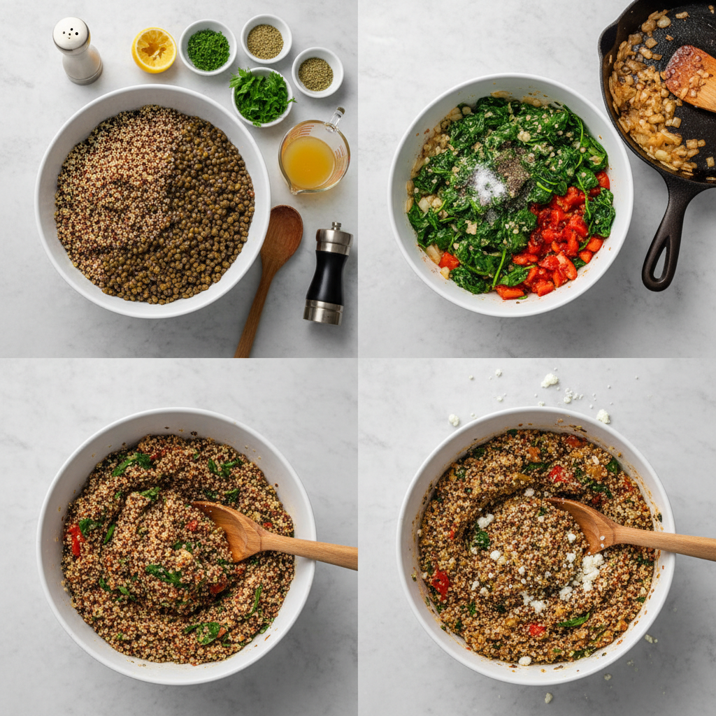 A close-up of hands carefully stuffing vibrant bell peppers with a seasoned quinoa mixture for mediterranean stuffed bell peppers.