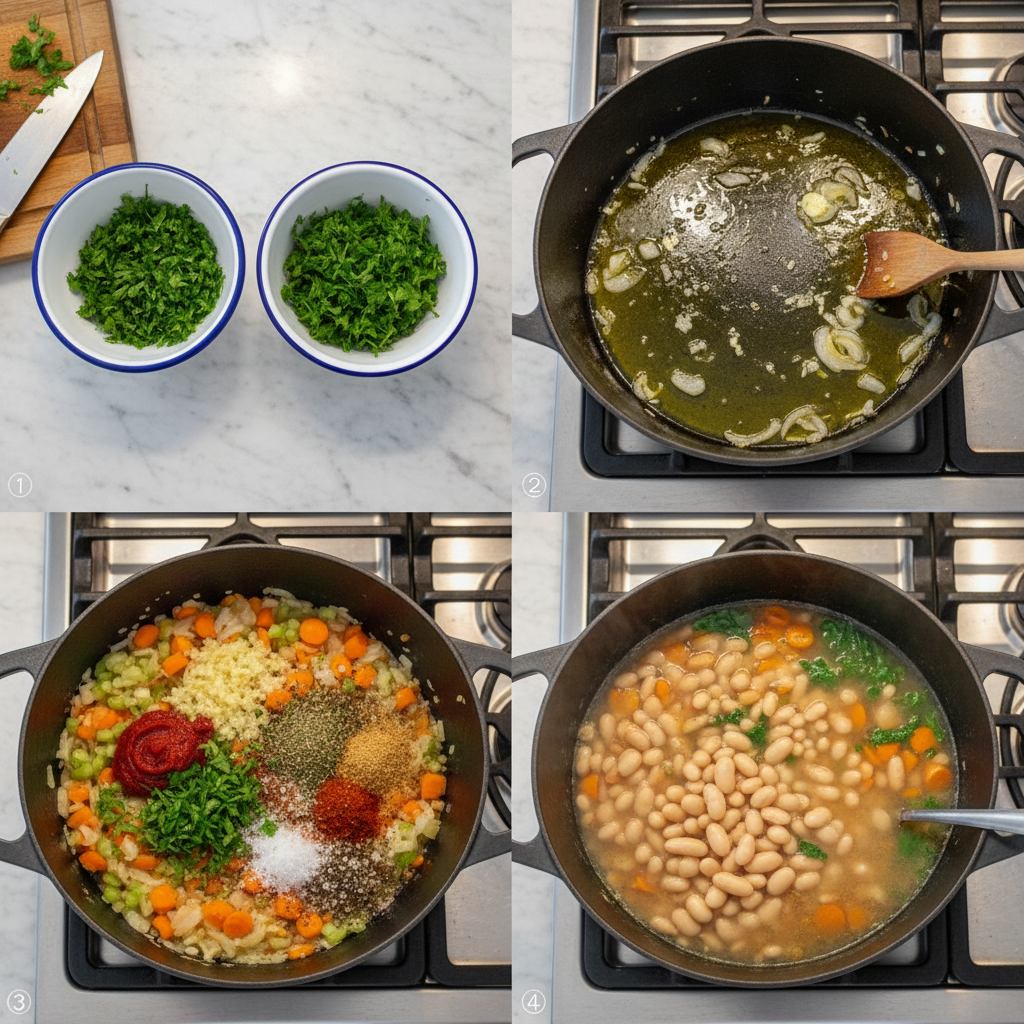 A bubbling pot of mediterranean white bean and kale soup simmering on the stovetop, ready to be served.